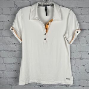 LIJA women's white with orange trim short sleeve golf tennis polo shirt, size S